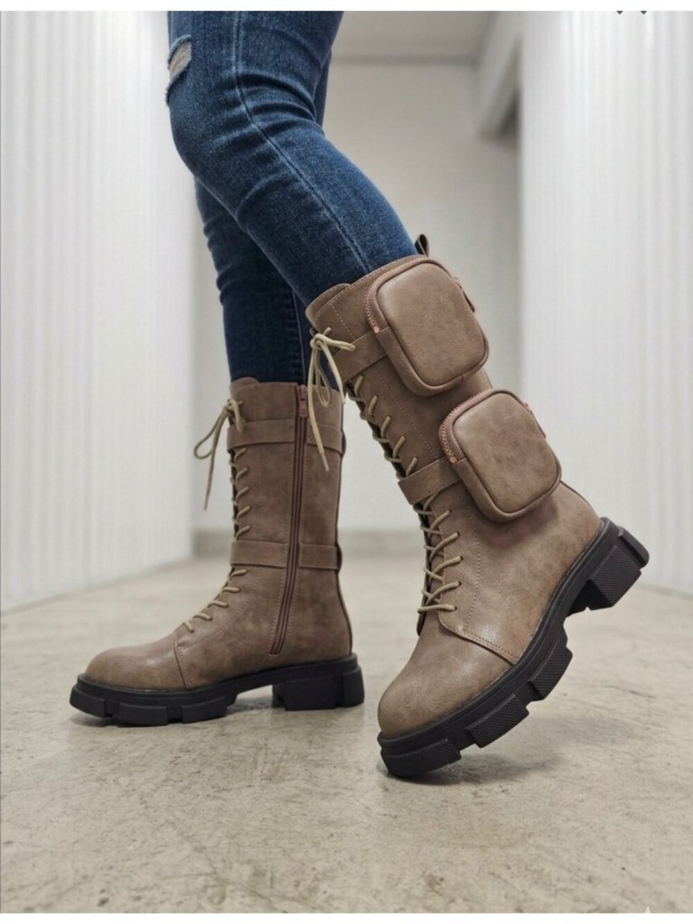 Lace-Up Combat Boots With Dual Detachable Pockets Side Zippers Chunky Soles And